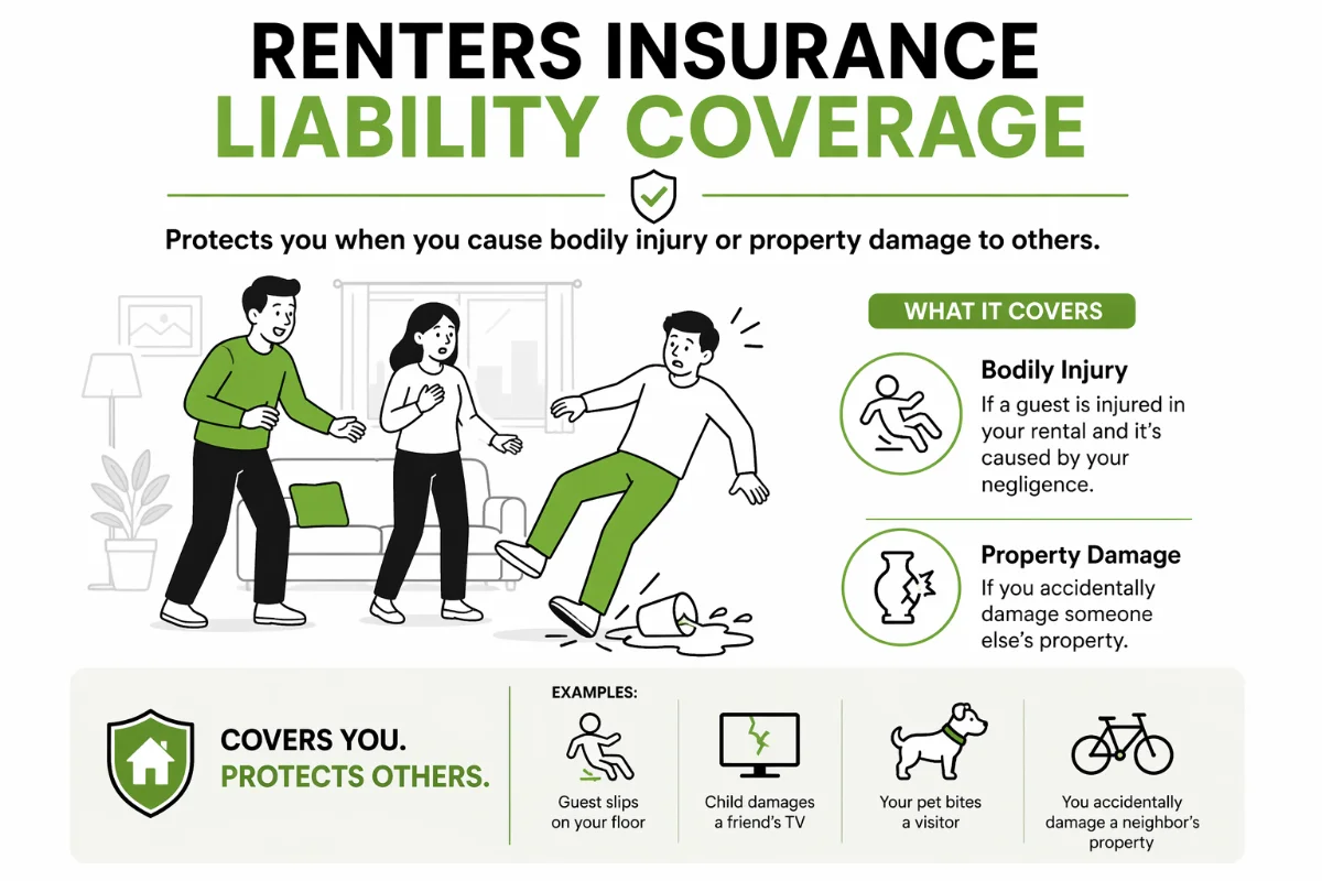 Infographic explaining renters insurance liability coverage with icons and text.